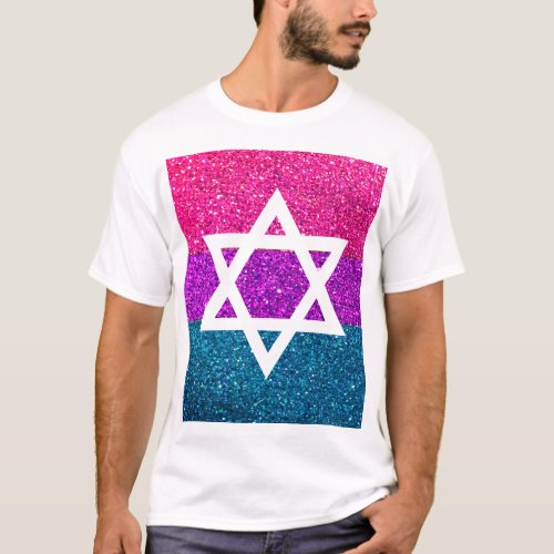 Gay Pride Glitter LGBTQIA Bi Jewish Star of David T_Shirt