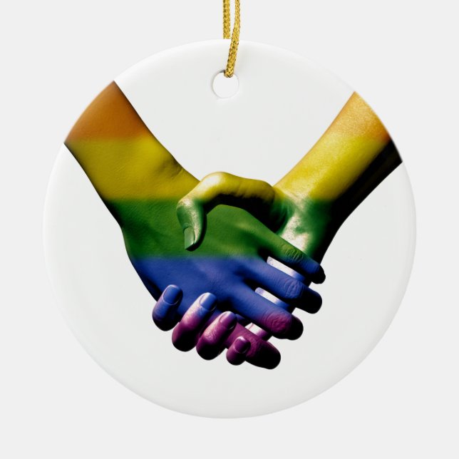 Gay Pride Holding Hands Ceramic Ornament (Front)