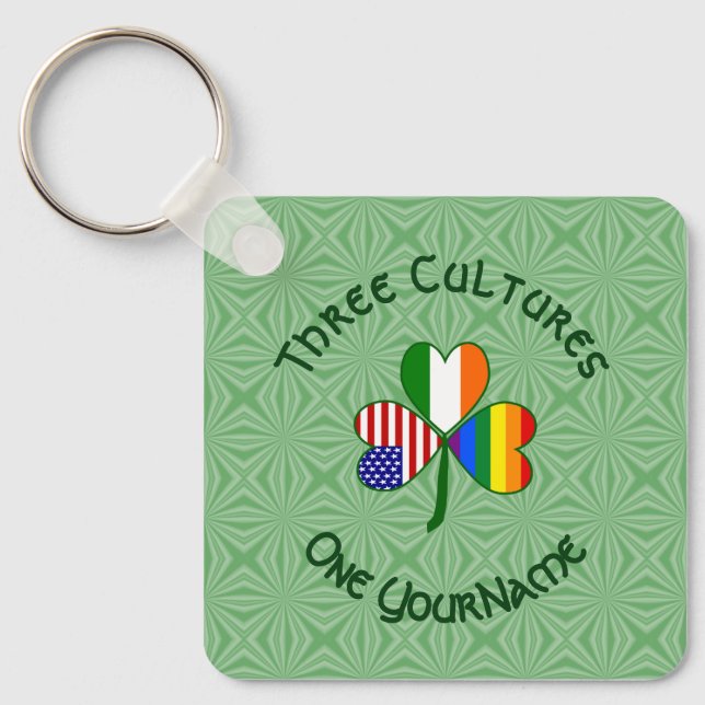 Gay Pride Irish American Flag Shamrock Personalize Keychain (Front)