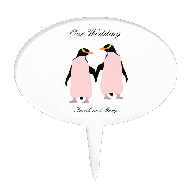 Gay Pride Lesbian Penguins Holding Hands Cake Topper (Front)
