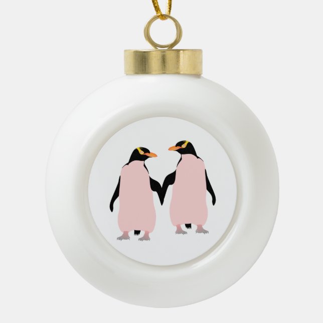 Gay Pride Lesbian Penguins Holding Hands Ceramic Ball Christmas Ornament (Front)