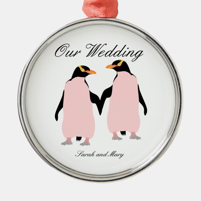 Gay Pride Lesbian Penguins Holding Hands Metal Ornament (Front)
