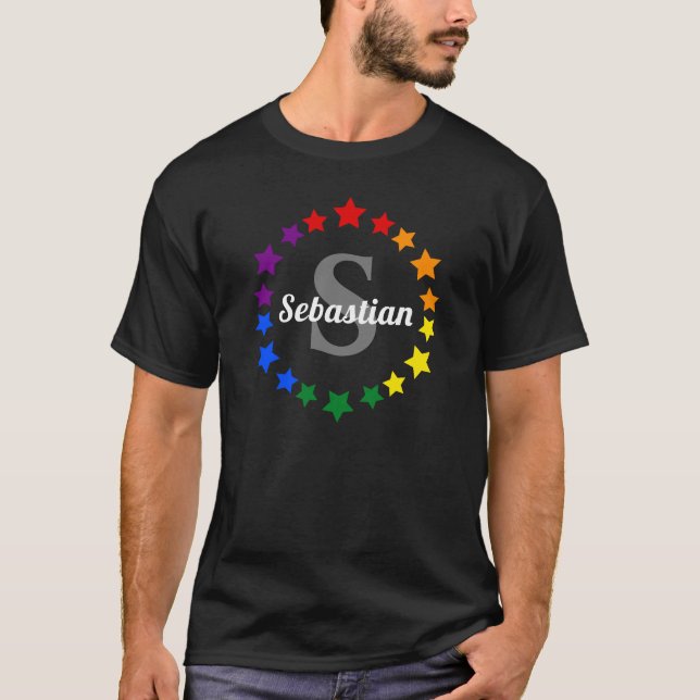 Gay Pride LGBT Rainbow stars name monogram initial T-Shirt (Front)