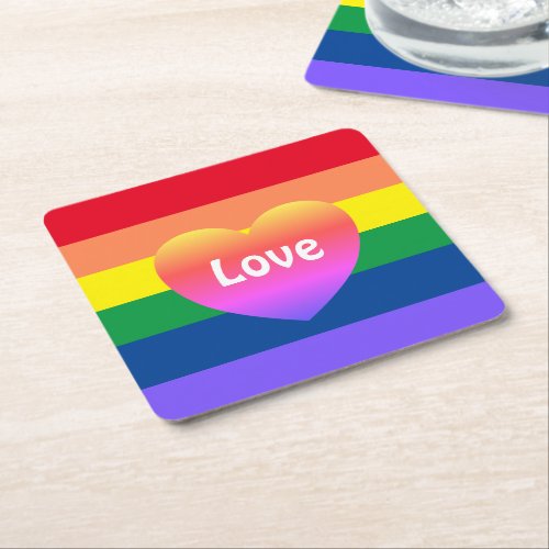 Gay Pride LGBTQ Colorful Rainbow Heart Square Paper Coaster