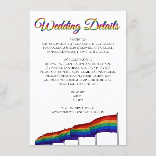 Gay Pride LGBTQ Rainbow Flags Wedding Details Enclosure Card