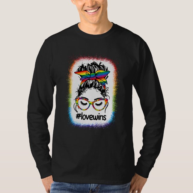 Gay Pride Messy Bun Rainbow Love Wins Lgbt Lgbtq L T-Shirt (Front)