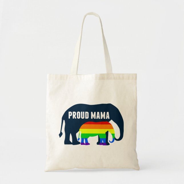Gay Pride Mom Proud Mama Elephant Rainbow LGBTQ Tote Bag (Front)