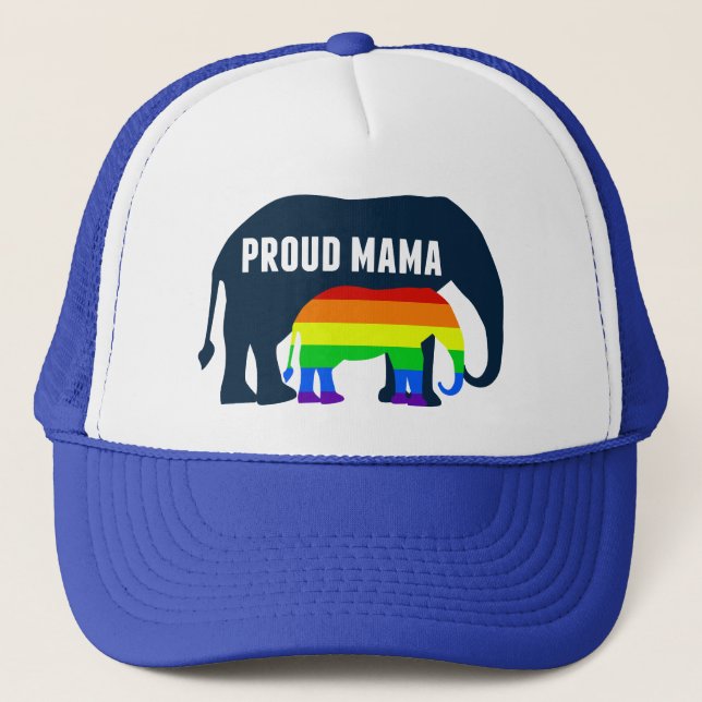 Gay Pride Mom Proud Mama Elephant Rainbow LGBTQ Trucker Hat (Front)