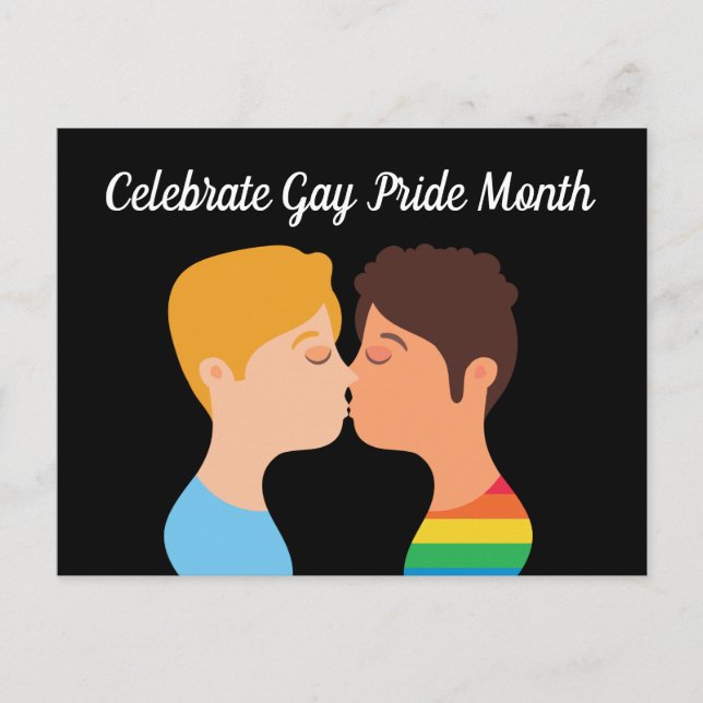Gay Pride Month Two Guys Kiss Queer Drawing Postcard (Front)