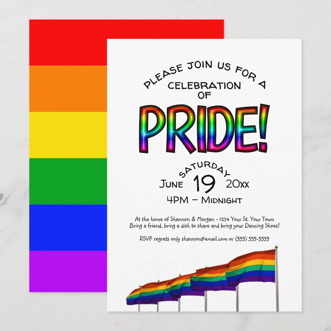 Pride celebration invitation with rainbow pride flags, rainbow text and a rainbow striped back. 