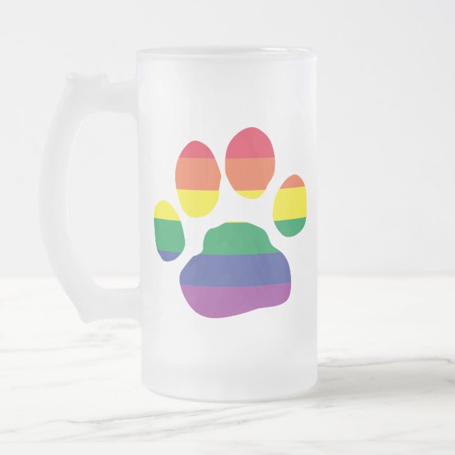 Gay-Pride-Paw-Print Frosted Glass Beer Mug (Left)