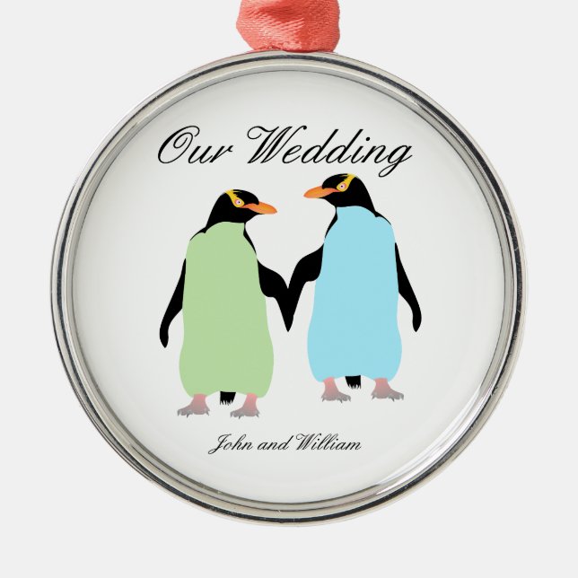 Gay Pride Penguins Holding Hands Metal Ornament (Front)