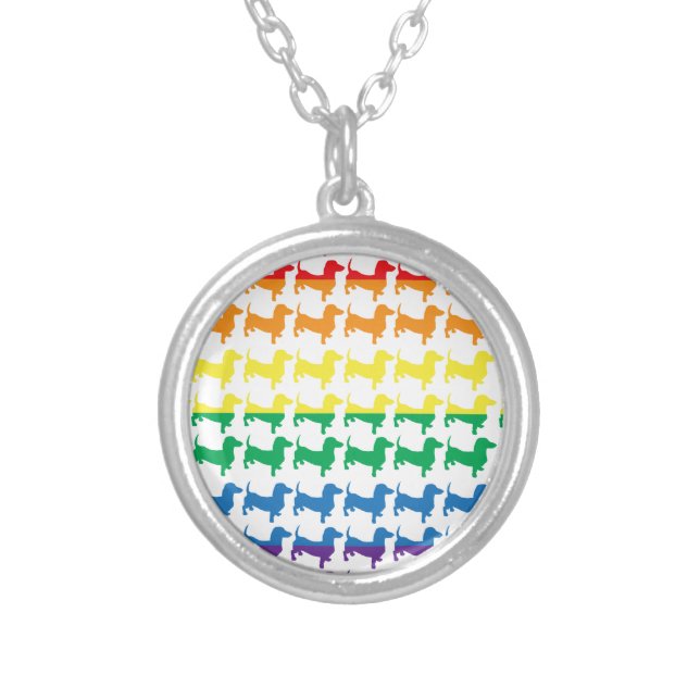 Gay Pride Rainbow Dachshunds Silver Plated Necklace (Front)
