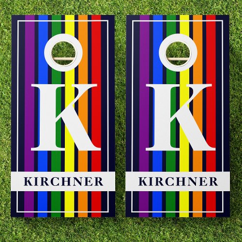 Gay Pride Rainbow Family Name Retro Stripes Navy Cornhole Set