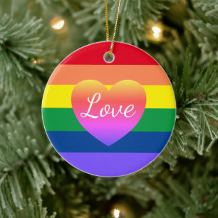 Gay Pride Rainbow Flag Heart LGBTQ Christmas Ceramic Ornament