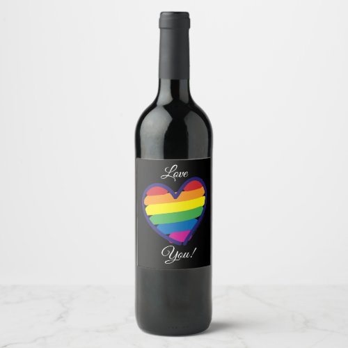 Gay Pride Rainbow Flag Heart Wine Label