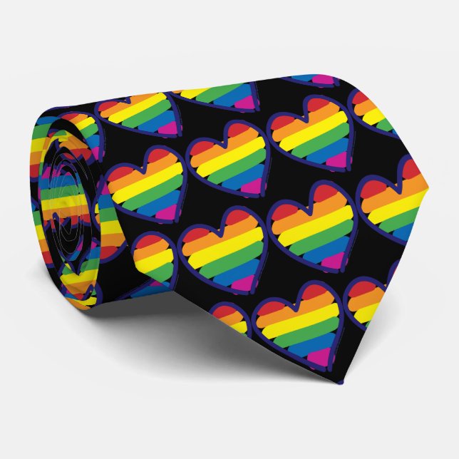 Gay Pride Rainbow Flag Hearts Neck Tie (Rolled)