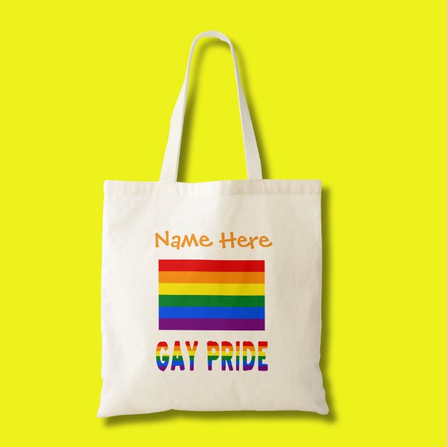 Gay Pride Rainbow Flag Orange Personalization  Tote Bag (Tote bag has the Gay Pride Rainbow Flag with words below, GAY PRIDE. Add a name above.)