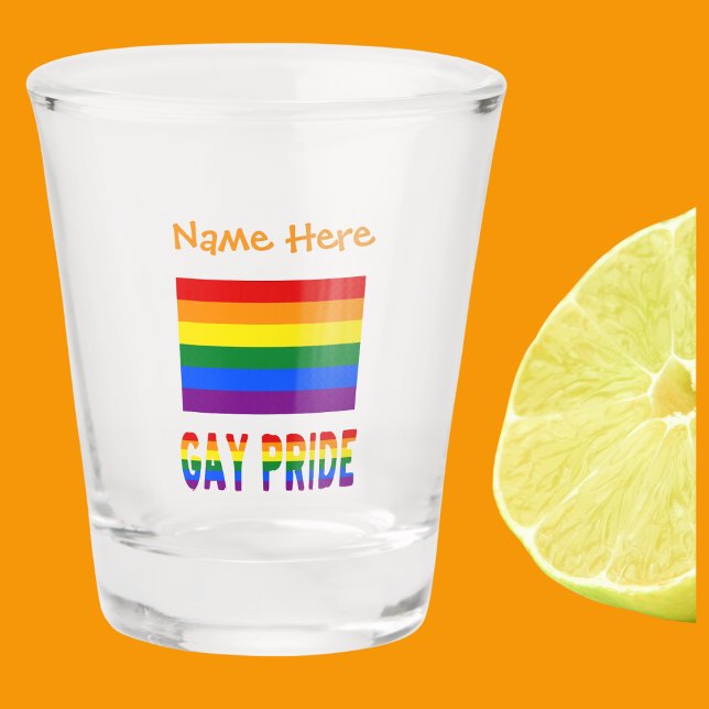Gay Pride Rainbow Flag Orange Personalized  Shot Glass (Shot glass has Gay Pride Rainbow Flag with words GAY PRIDE below in flag colors..Above add a name.)