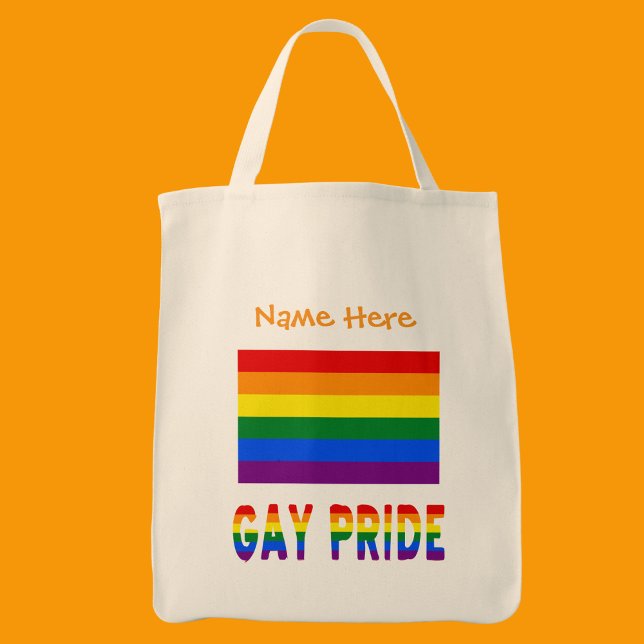 Gay Pride Rainbow Flag Orange Personalized  Tote Bag (Tote bag has the Gay Pride Rainbow Flag with words GAY PRIDE below in flag colors. Add a name above.)