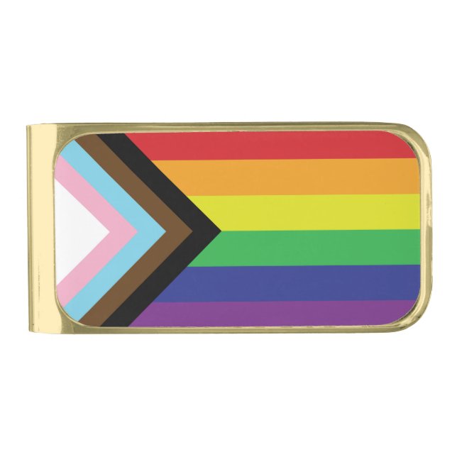 Gay Pride Rainbow Flag Progressive LGBTQIA+ Gold Finish Money Clip (Front)