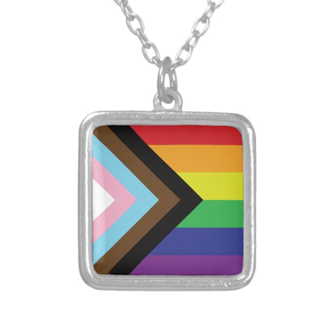 Gay Pride Rainbow Flag Progressive LGBTQIA+ Silver Plated Necklace (Front)