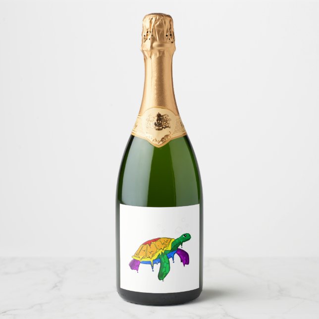 Gay Pride Rainbow Flag Sea Turtle Subtle LGBTQ Sparkling Wine Label (Front)