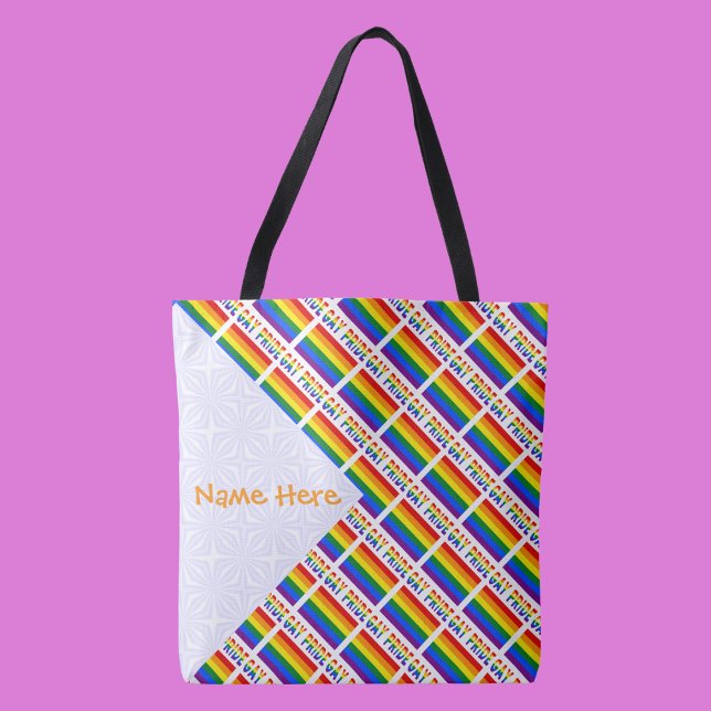 Gay Pride Rainbow Flag Tiled Orange Personalized Tote Bag (Tote bag has tiled Gay Pride Rainbow flag with words GAY PRIDE below. White space to add a name.)