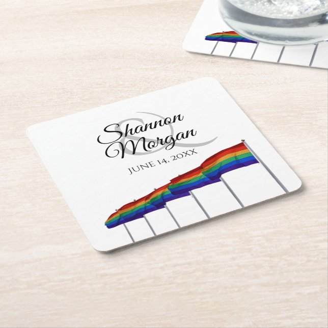 Gay Pride Rainbow Flags Wedding Coasters (Angled)