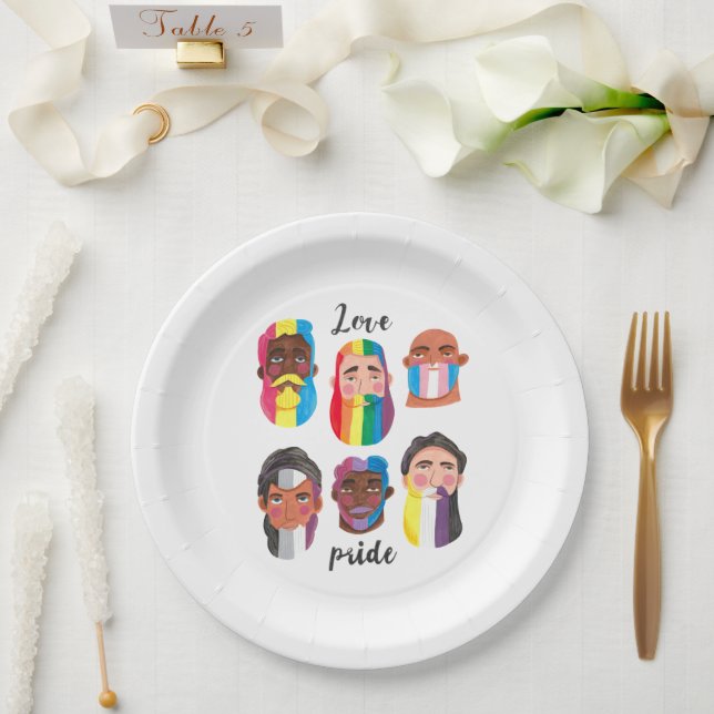Gay pride rainbow gender flags beard men  paper plates (Wedding)