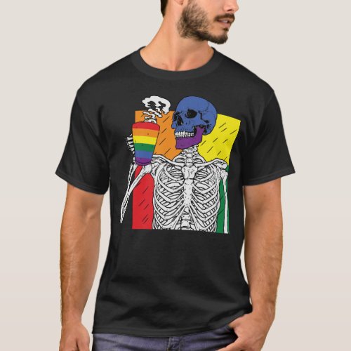 Gay Pride Rainbow Halloween Coffee Skeleton T_Shirt