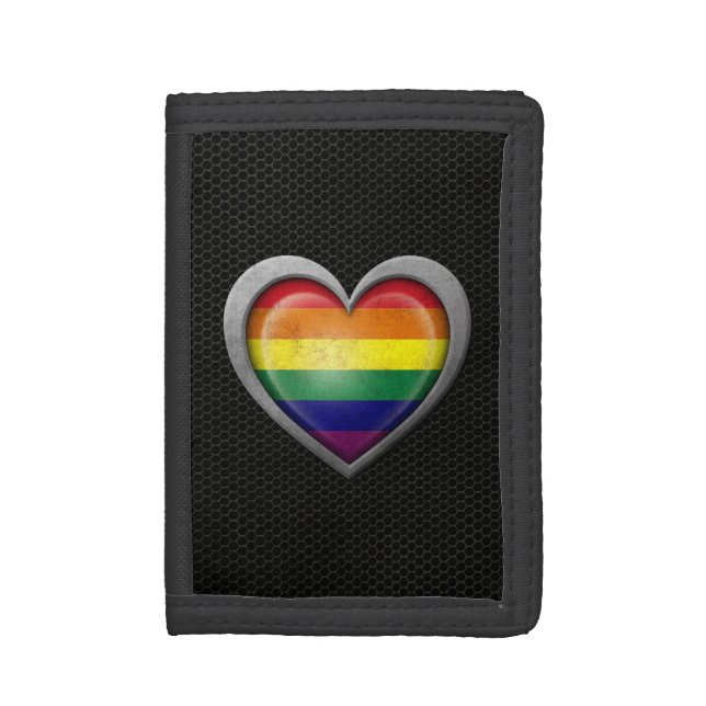 Gay Pride Rainbow Heart Flag Steel Mesh Effect Tri-fold Wallet (Front Vertical)