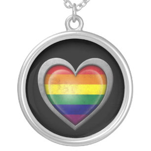 Gay Pride Rainbow Heart Flag with Metal Effect Silver Plated Necklace