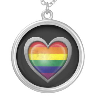 Gay Pride Rainbow Heart Flag with Metal Effect Silver Plated Necklace