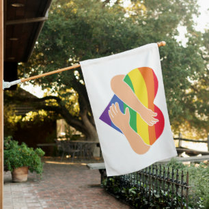 Gay Pride Rainbow Heart Hug House Flag
