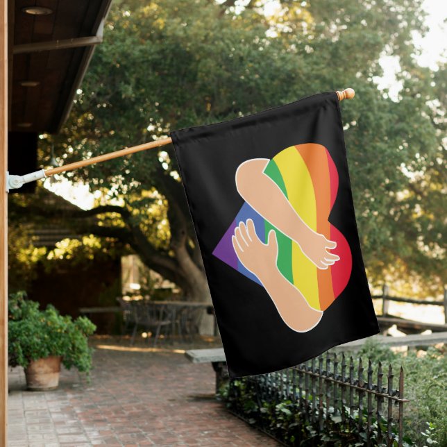 Gay Pride Rainbow Heart Hug House Flag (In SItu)