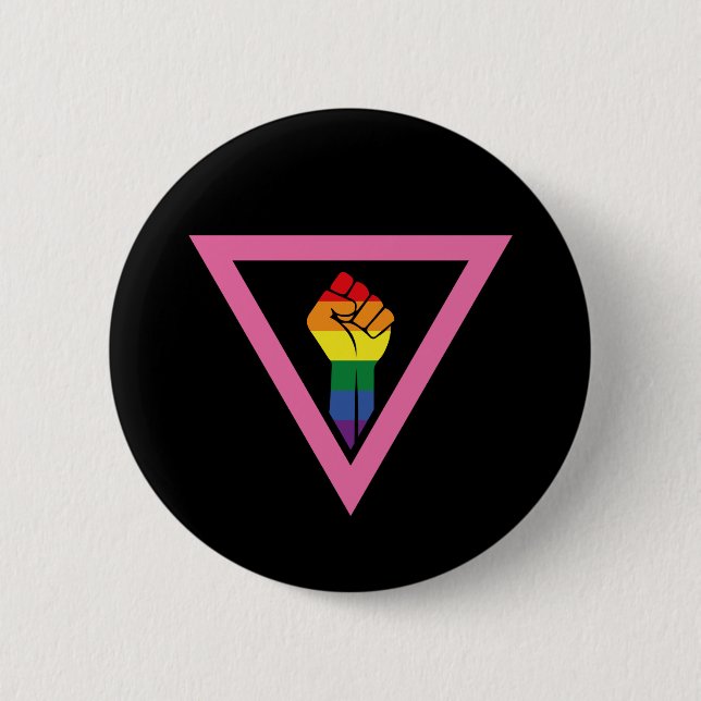 Gay Pride - Raised fist in Pink Triangle Button (Front)