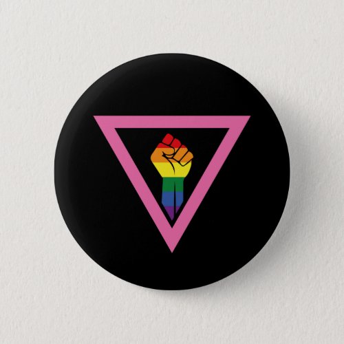 Gay Pride _ Raised fist in Pink Triangle Button