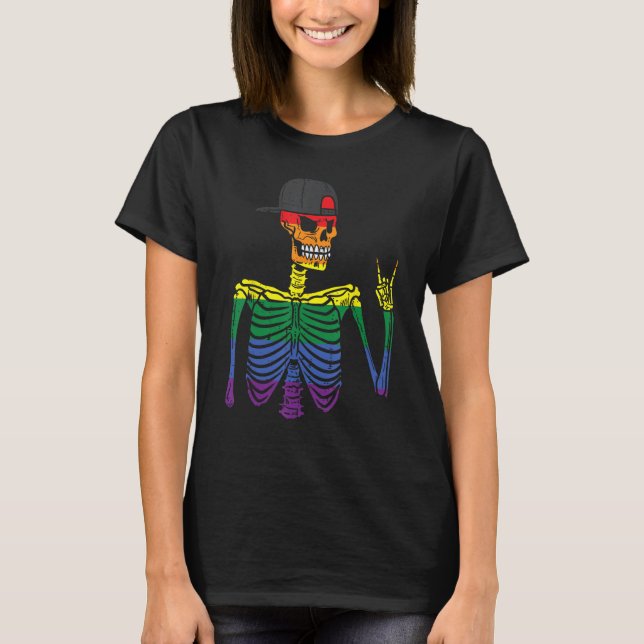 Gay Pride Rocker Skeleton Rainbow Flag Lgbtq Rock  T-Shirt (Front)