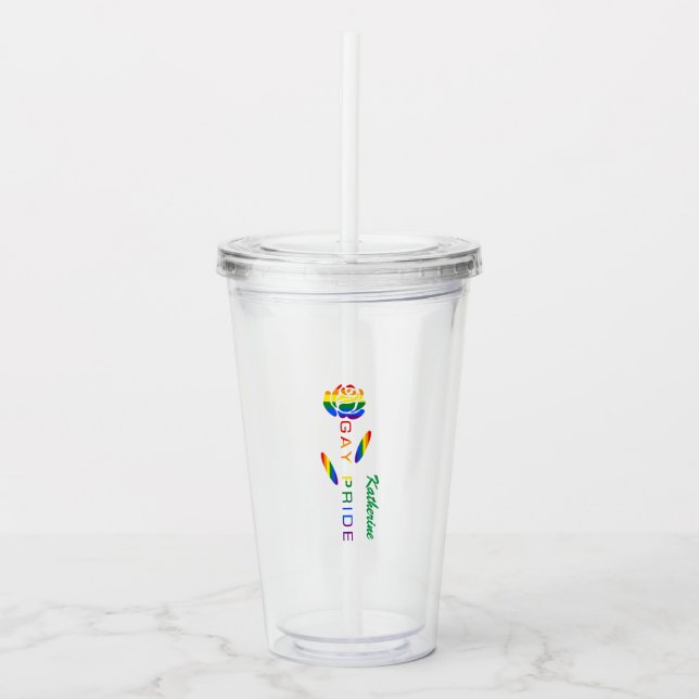 Gay Pride Rose Rainbow Flag Personalized Name Acrylic Tumbler (Front)