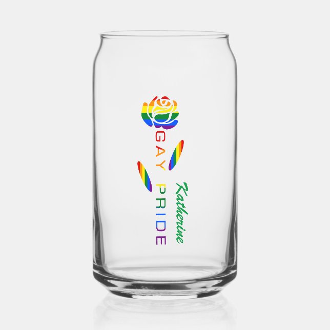 Gay Pride Rose Rainbow Flag Personalized Name Can Glass (Front)