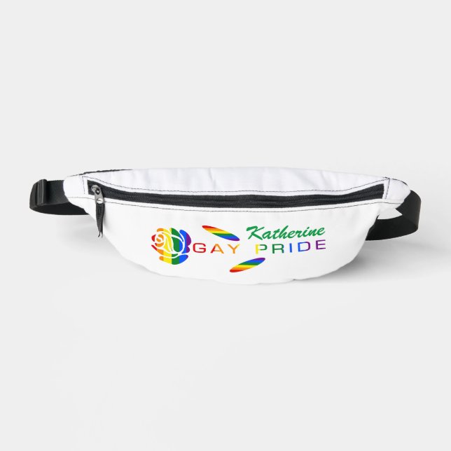 Gay Pride Rose Rainbow Flag Personalized Name Fanny Pack (Front)