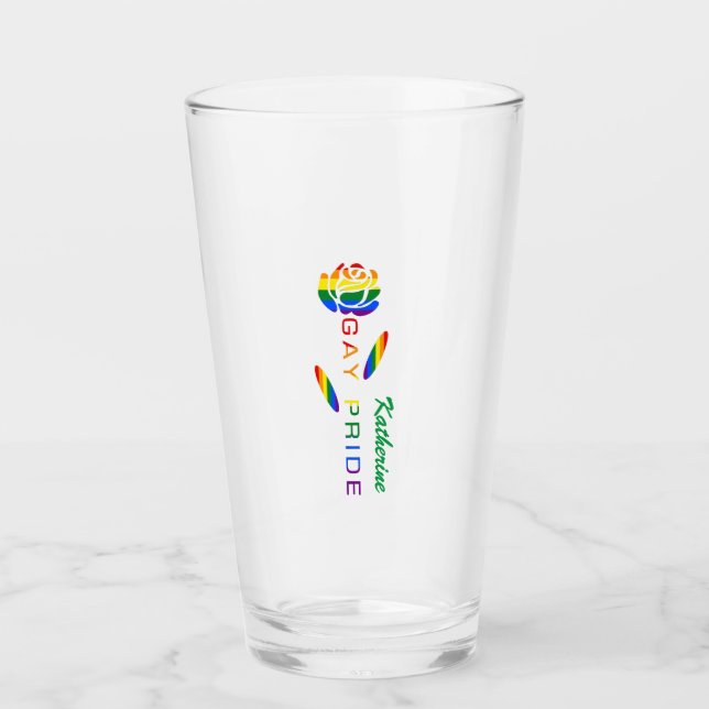 Gay Pride Rose Rainbow Flag Personalized Name Glass (Front)