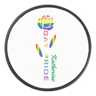 Gay Pride Rose Rainbow Flag Personalized Name Hockey Puck
