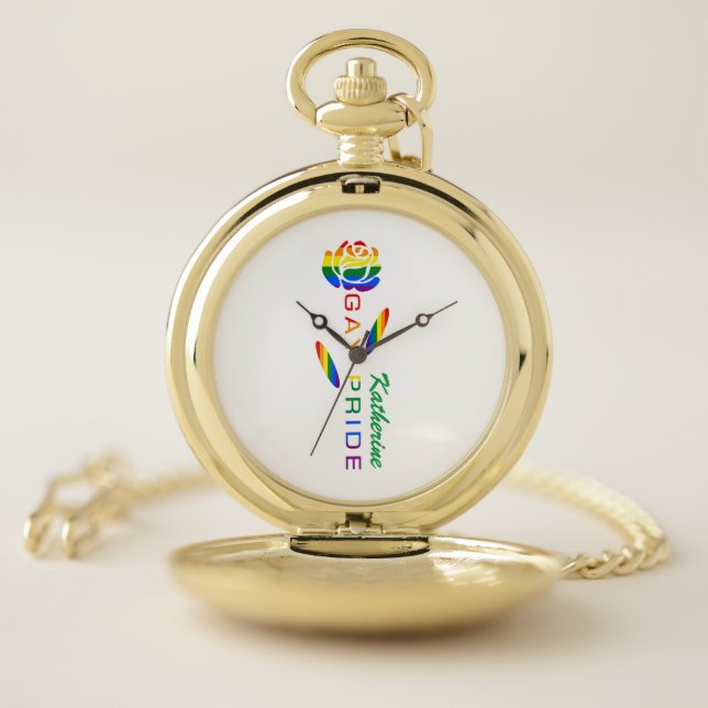 Gay Pride Rose Rainbow Flag Personalized Name Pocket Watch (Inside)