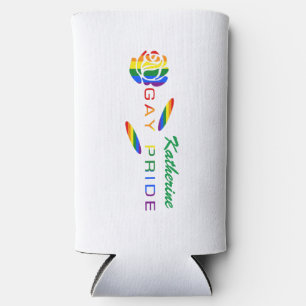 Gay Pride Rose Rainbow Flag Personalized Name Seltzer Can Cooler