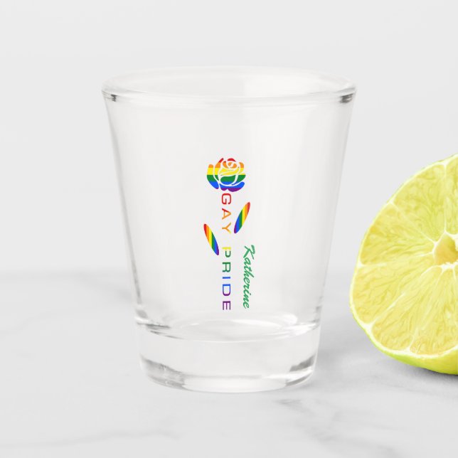 Gay Pride Rose Rainbow Flag Personalized Name Shot Glass (Front)