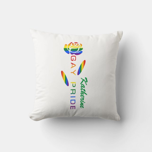 Gay Pride Rose Rainbow Flag Personalized Name Throw Pillow (Front)