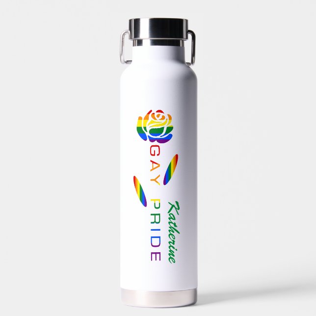 Gay Pride Rose Rainbow Flag Personalized Name Water Bottle (Front)