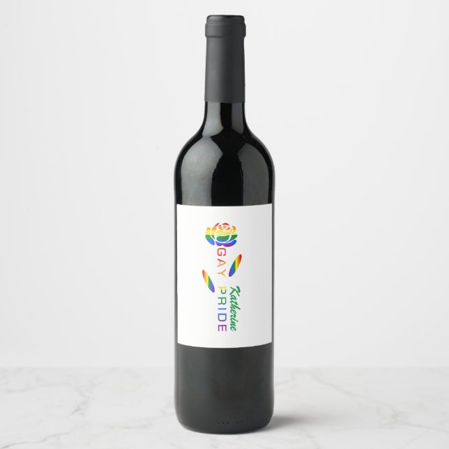 Gay Pride Rose Rainbow Flag Personalized Name Wine Label (Front)